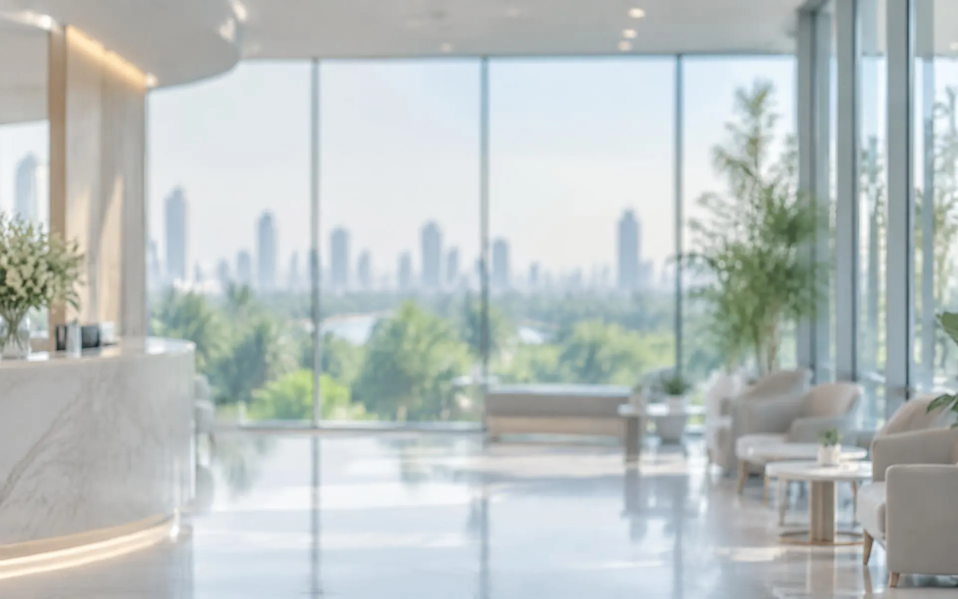 Softly focused bright clinic interior overlooking Bangkok greenery